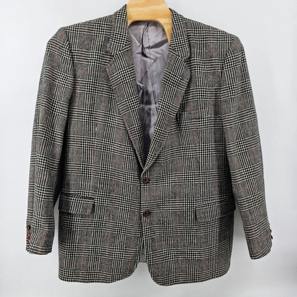 English Manor Blazer Mens 48 L Black Glen Plaid Wool Two Button Sport Coat